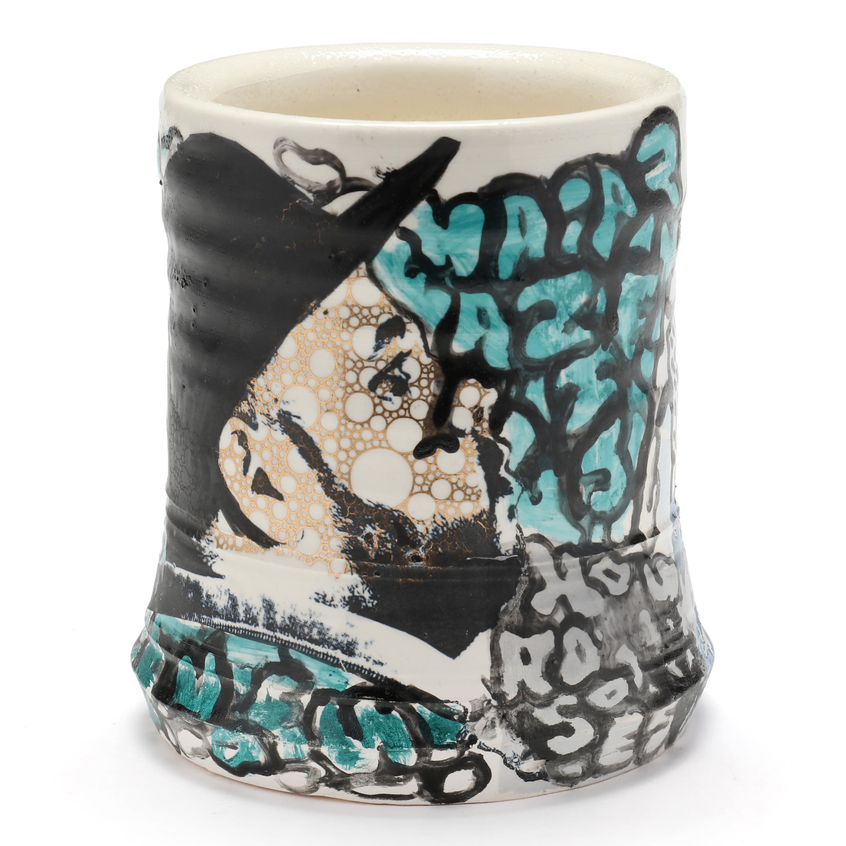 Artwork by Roberto Lugo, Graffiti Pottery Mug, Made of gilt, polychrome