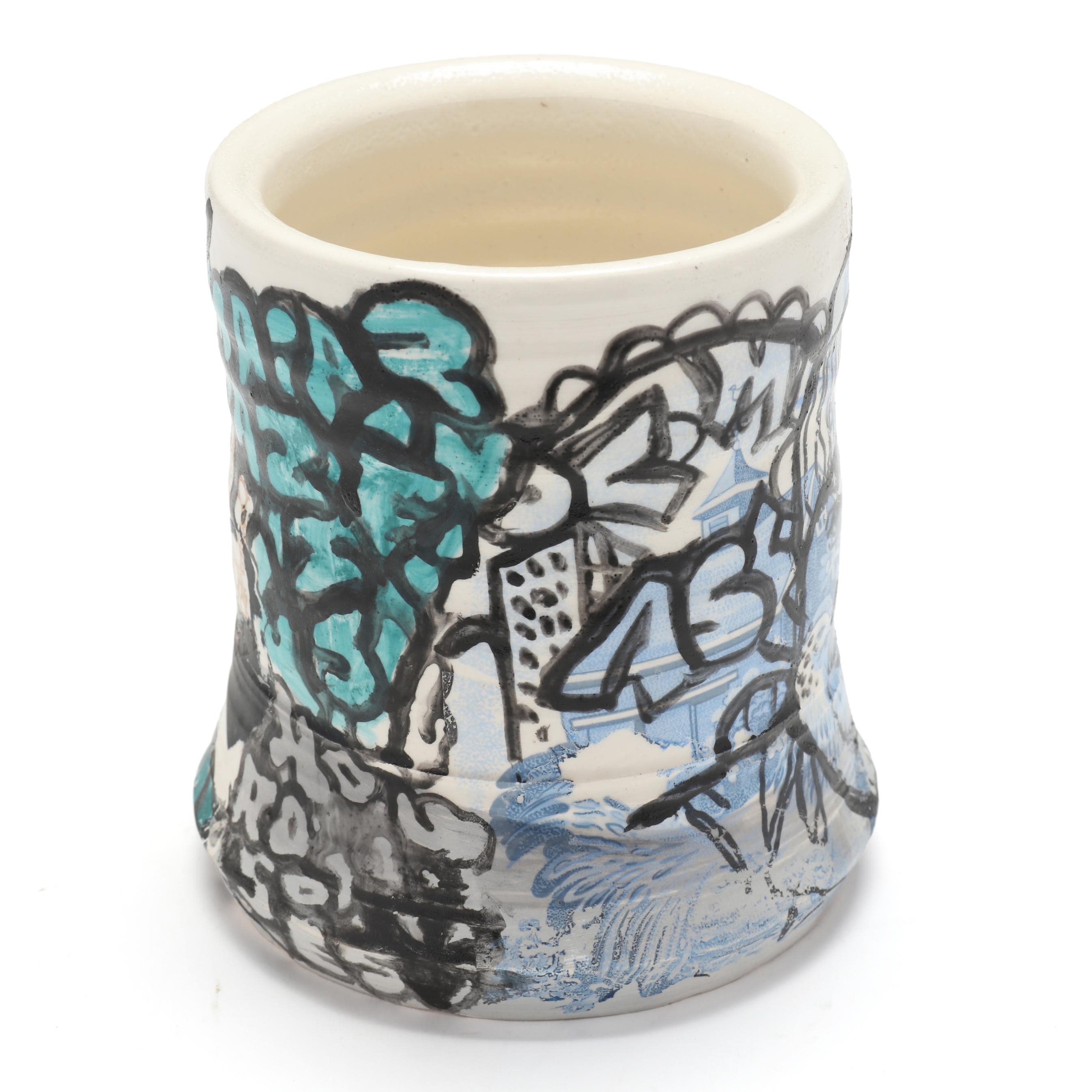 Artwork by Roberto Lugo, Graffiti Pottery Mug, Made of gilt, polychrome