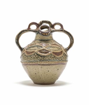 Artwork by Lephina Molefe, Double-spouted vessel with decorative handle and relief decoration, Made of relief decoration
