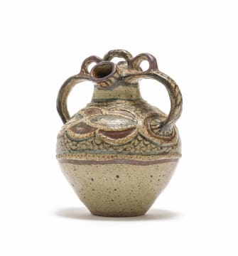 Artwork by Lephina Molefe, Double-spouted vessel with decorative handle and relief decoration, Made of relief decoration