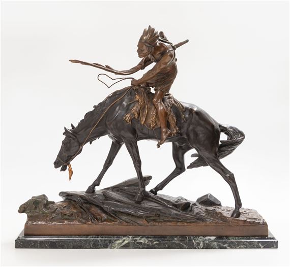 A dynamic bronze sculpture of a figure riding a horse in motion.