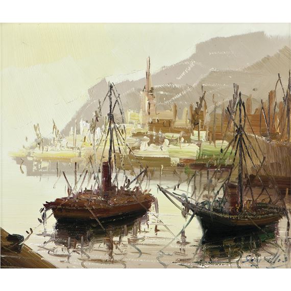 Puerto con barcas by Antonio Segrelles