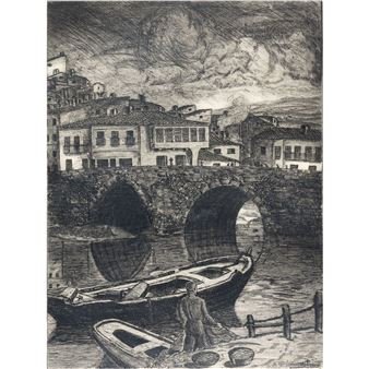 A monochromatic etching of a riverside town with a stone bridge, boats, and a solitary figure.