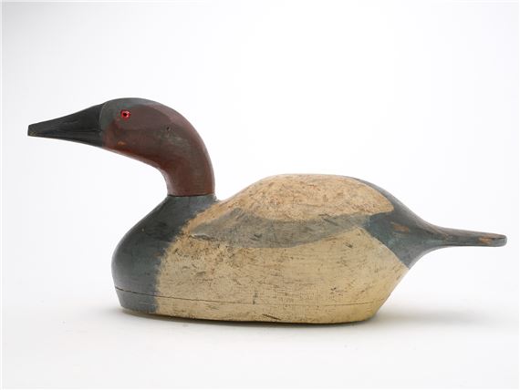 Hollow carved canvasback with slightly turned head and chamfered bottom board by August Moak