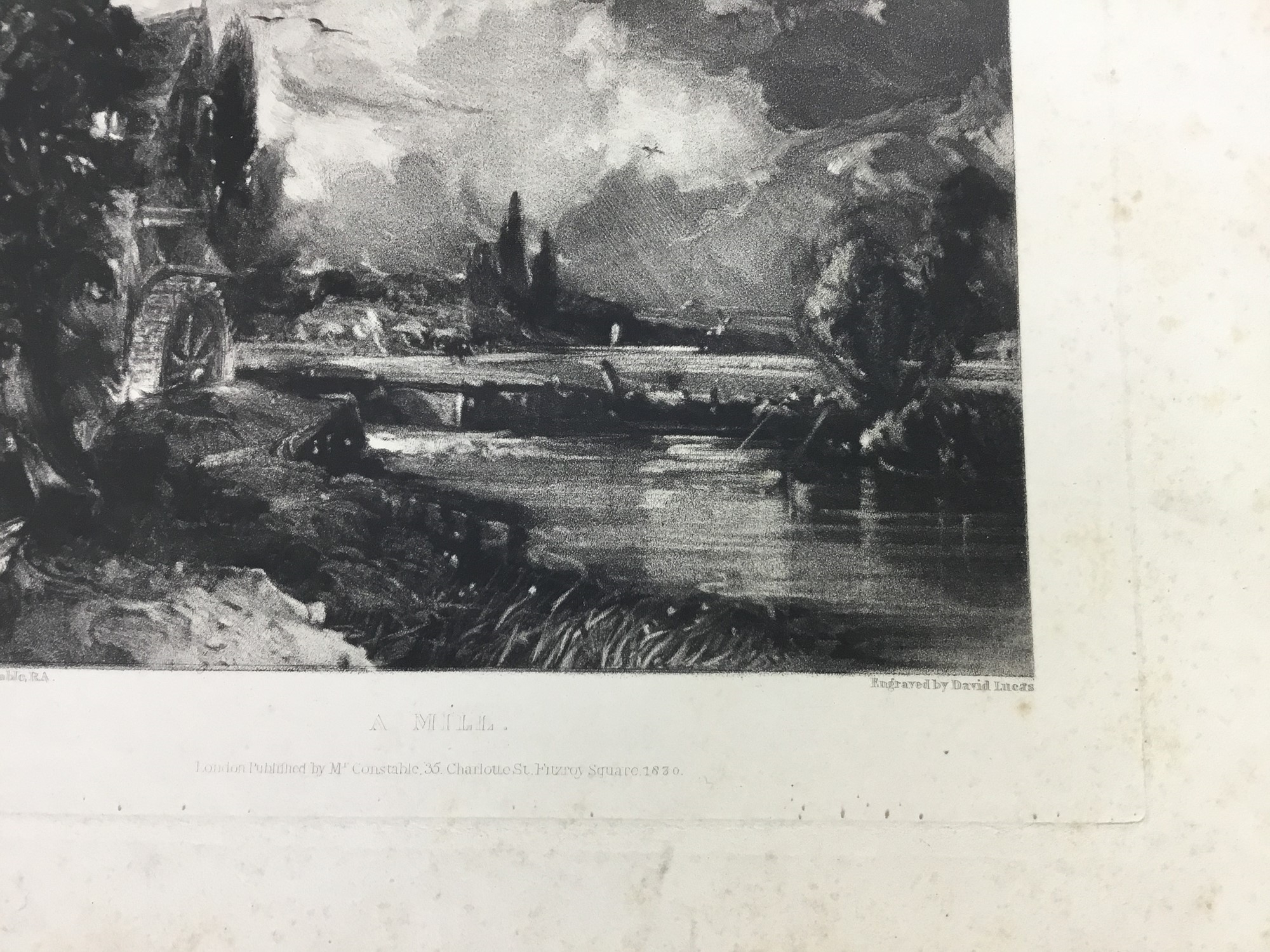 Artwork by John Constable, David Lucas, two mezzotints, "A Mill", 26cm x 35.5cm overall, and "Noon", 27cm x 37cm overall, both published by Mr Constable, Charlotte Street, London 1830, both unframed, Made of mezzotints