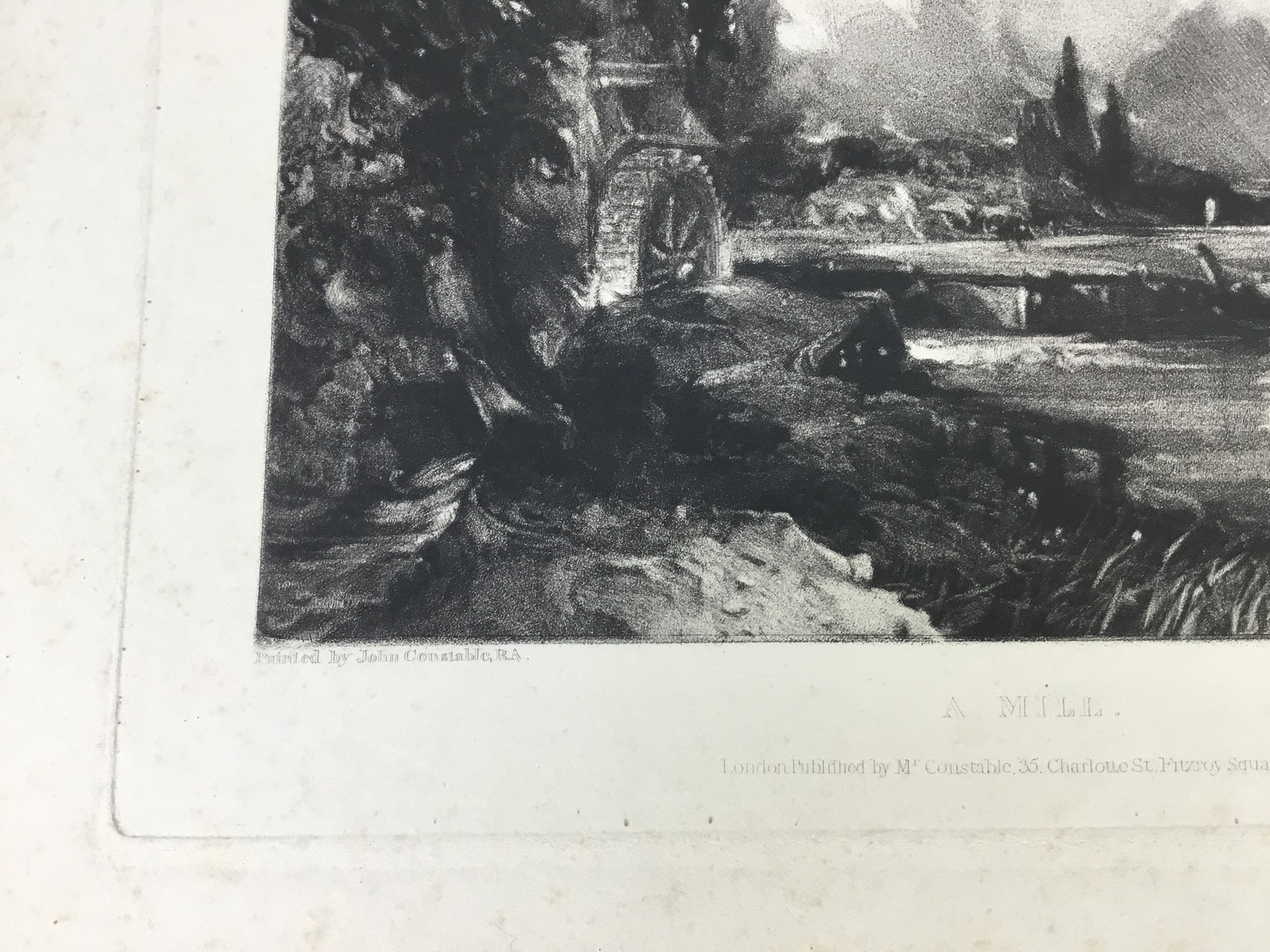 Artwork by John Constable, David Lucas, two mezzotints, "A Mill", 26cm x 35.5cm overall, and "Noon", 27cm x 37cm overall, both published by Mr Constable, Charlotte Street, London 1830, both unframed, Made of mezzotints