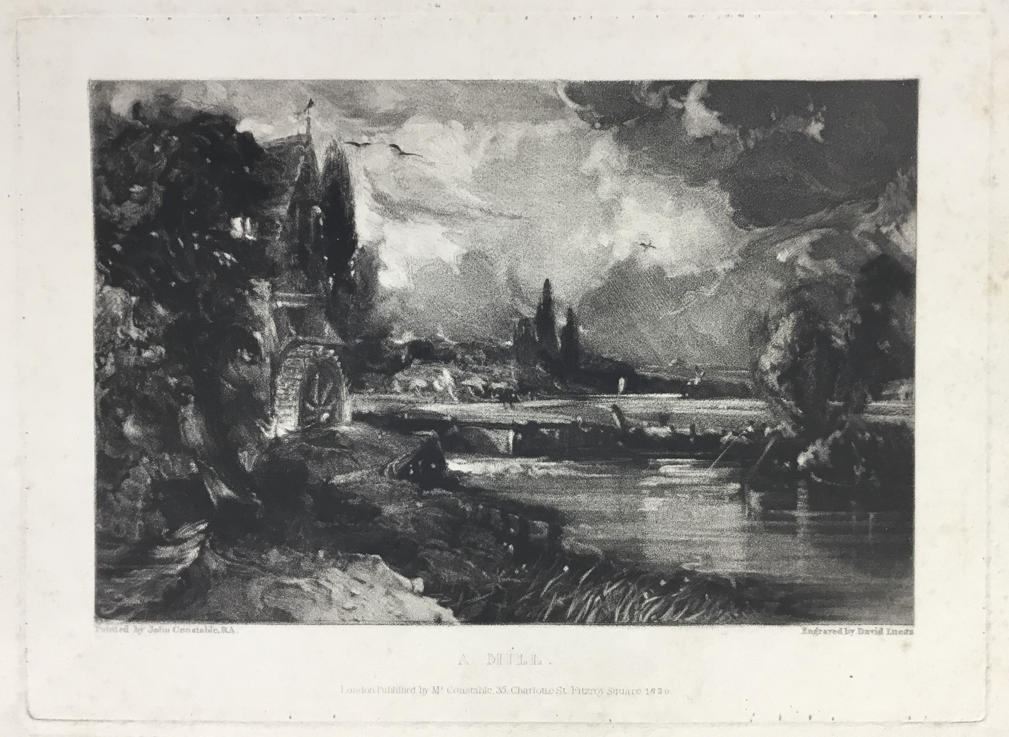 Artwork by John Constable, David Lucas, two mezzotints, "A Mill", 26cm x 35.5cm overall, and "Noon", 27cm x 37cm overall, both published by Mr Constable, Charlotte Street, London 1830, both unframed, Made of mezzotints