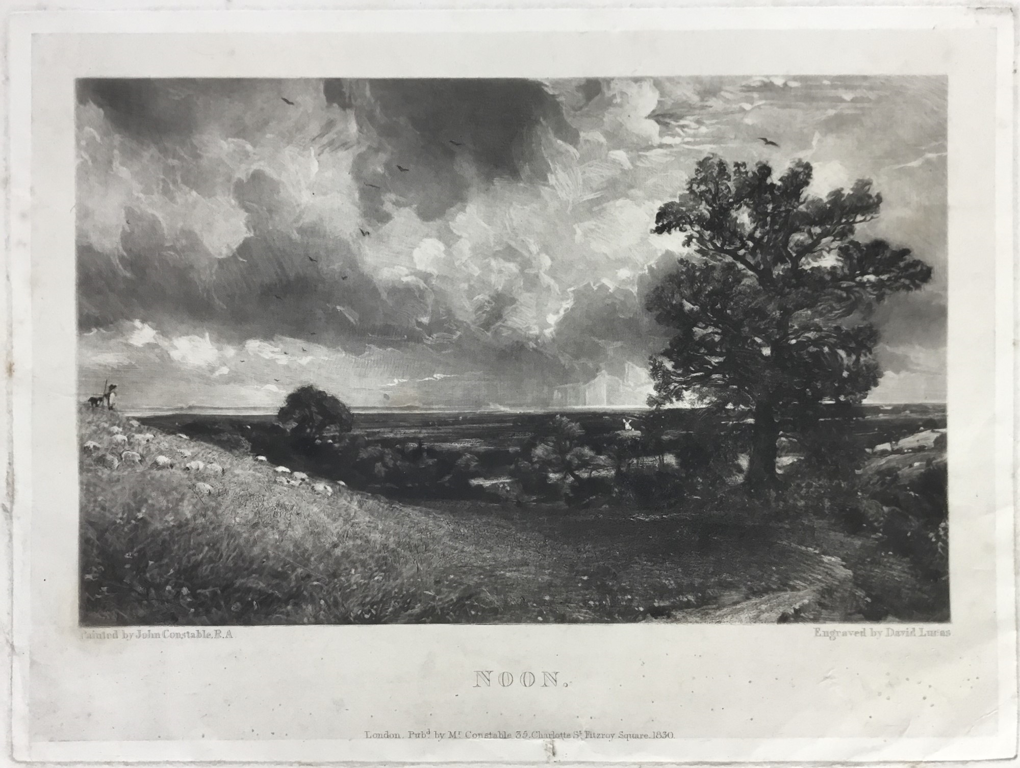 Artwork by John Constable, David Lucas, two mezzotints, "A Mill", 26cm x 35.5cm overall, and "Noon", 27cm x 37cm overall, both published by Mr Constable, Charlotte Street, London 1830, both unframed, Made of mezzotints