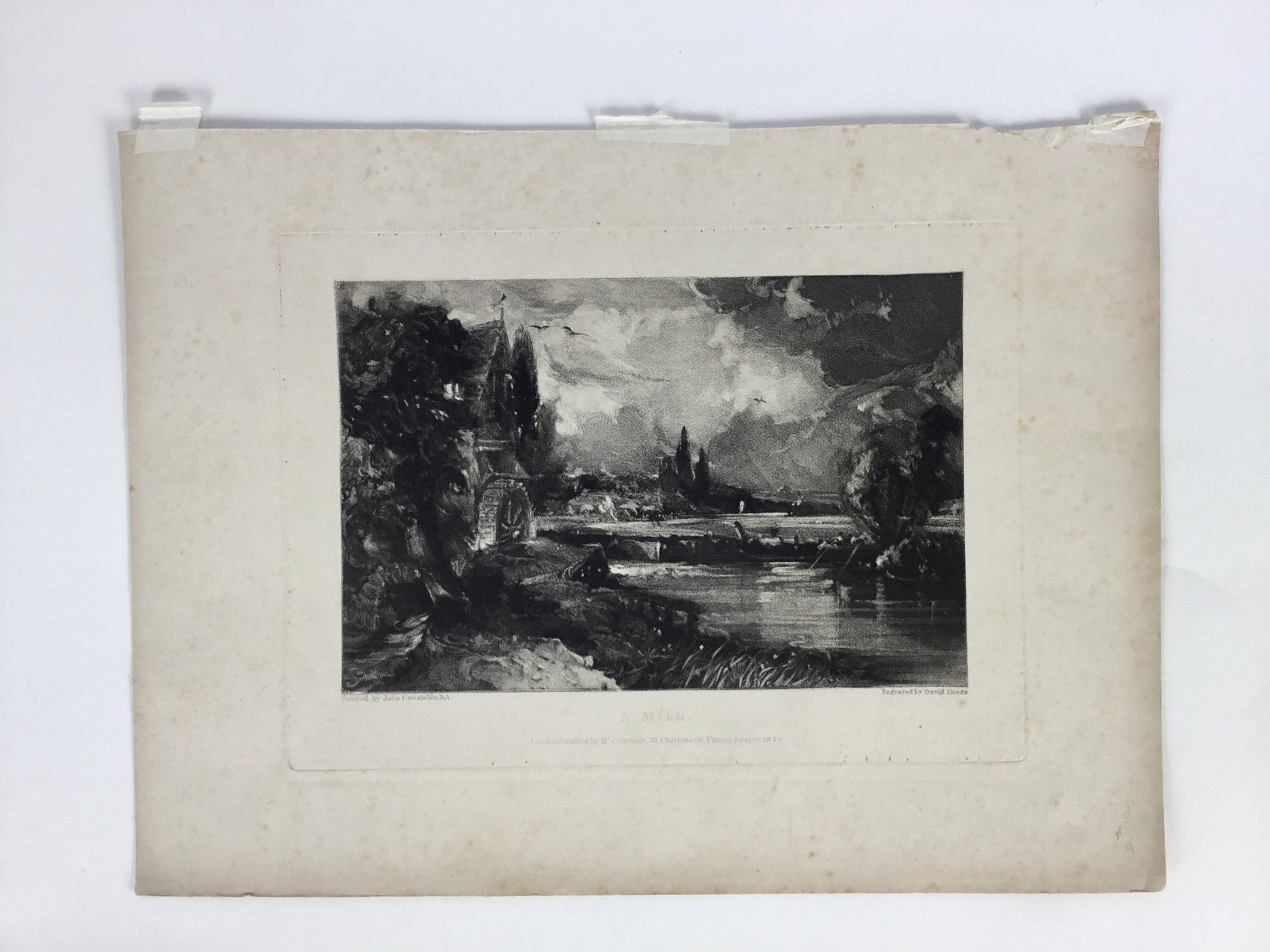 Artwork by John Constable, David Lucas, two mezzotints, "A Mill", 26cm x 35.5cm overall, and "Noon", 27cm x 37cm overall, both published by Mr Constable, Charlotte Street, London 1830, both unframed, Made of mezzotints