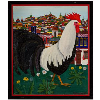 A vibrant folk art painting featuring a large rooster in the foreground with a colorful town background.