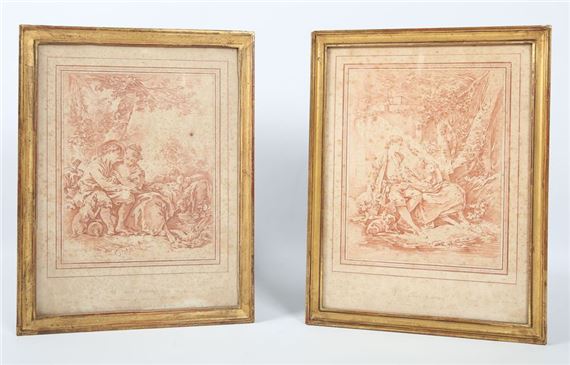 BOUCHER François (dessinateur) - L.BONNET (graveur), d'après Le doux entretien - Les amans heureux Deux reproduction à l'imitation de la sanguine (mouillures et piqures - François Boucher