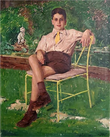 Ludwig Blum 1891-1975 (Israeli) Portrait of a seated child in a garden by Ludwig Blum, 1947
