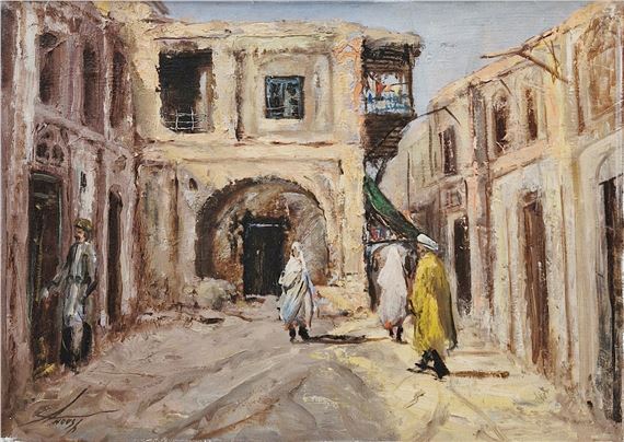 1924-1983) Oil on canvas Middle Eastern street scene with figures by Anoush Rahnavardkar