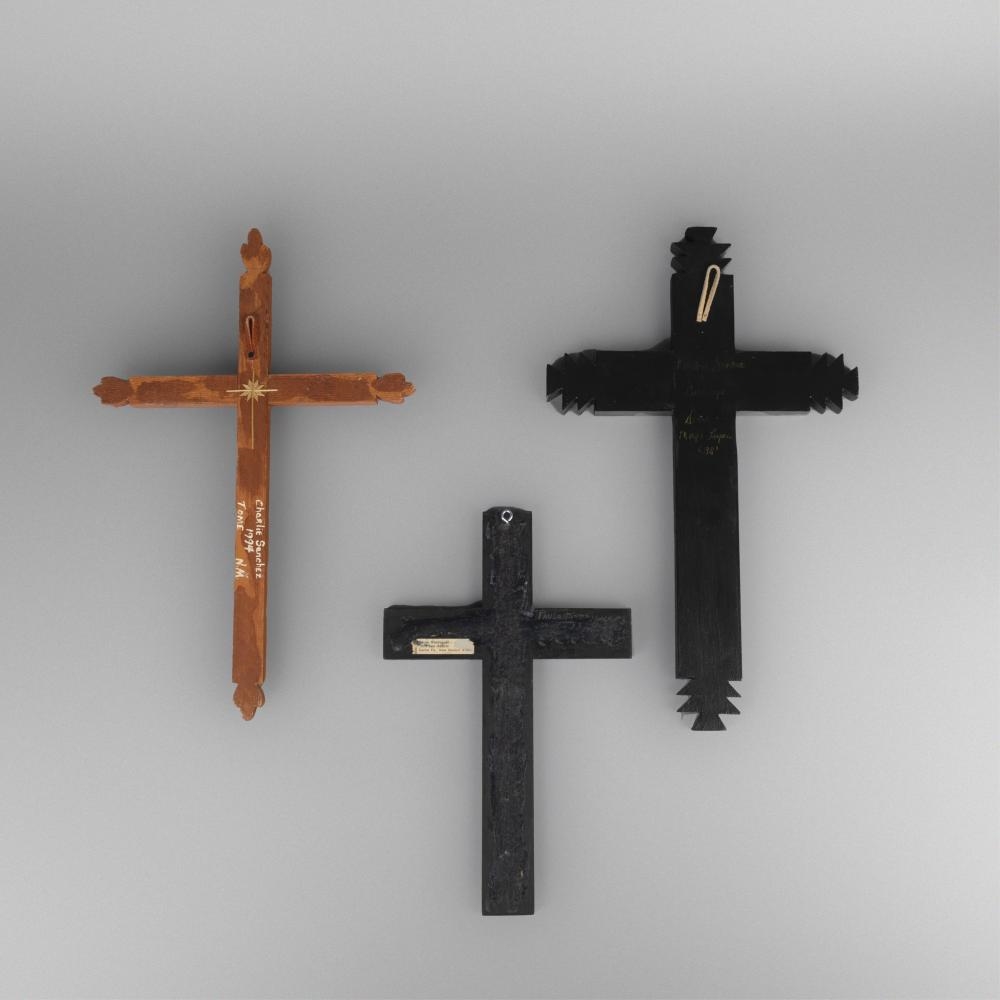 Artwork by Paula Rodriguez, Charlie Sanchez, Diana Moya-Lujan, Charlie Sanchez + Diana Moya Lujan + Paula Rodriguez, Group of Three Straw Appliqué Crosses, Made of carved wood