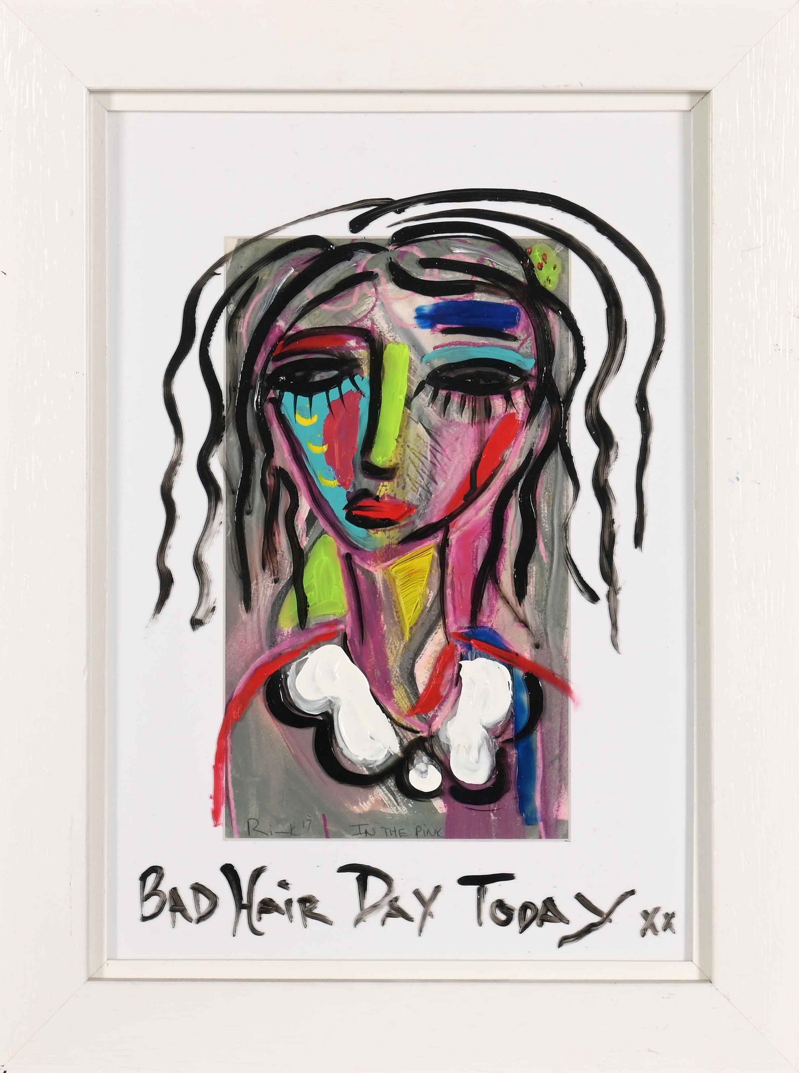 Artwork by Therese Rink Streicher, Bad Hair Day Today, Made of glass paint on glass mounted above watercolour