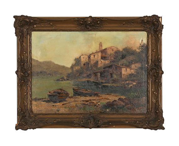 Houses on a Lakeside with Boats by Ercole Magrotti