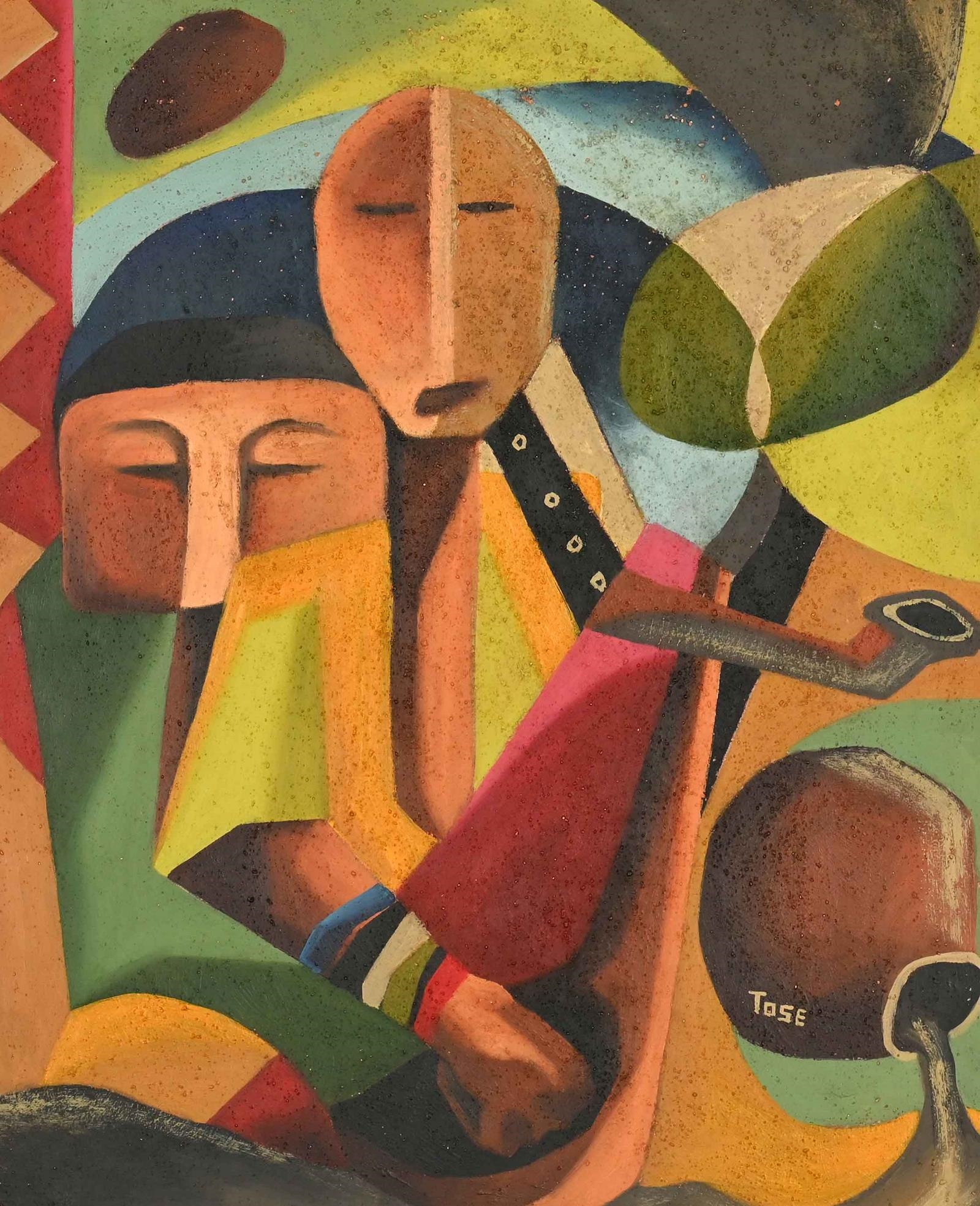 Artwork by Martin Qgibinsizi Tose, Abstracted Figures, Made of acrylic and sand on board