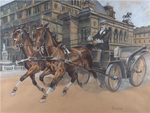 (Wien 1882-1943), "Fiaker vor der Wiener Staatsoper", signiert "F. Kuderna", Gouache auf braunem Papier, Bildausschnitt ca. 38x 50,5 cm, Passepartout, verglast by Franz Kuderna