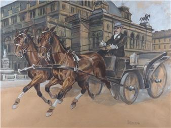 (Wien 1882-1943), &quot;Fiaker vor der Wiener Staatsoper&quot;, signiert &quot;F. Kuderna&quot;, Gouache auf braunem Papier, Bildausschnitt ca. 38x 50,5 cm, Passepartout, verglast - Franz Kuderna