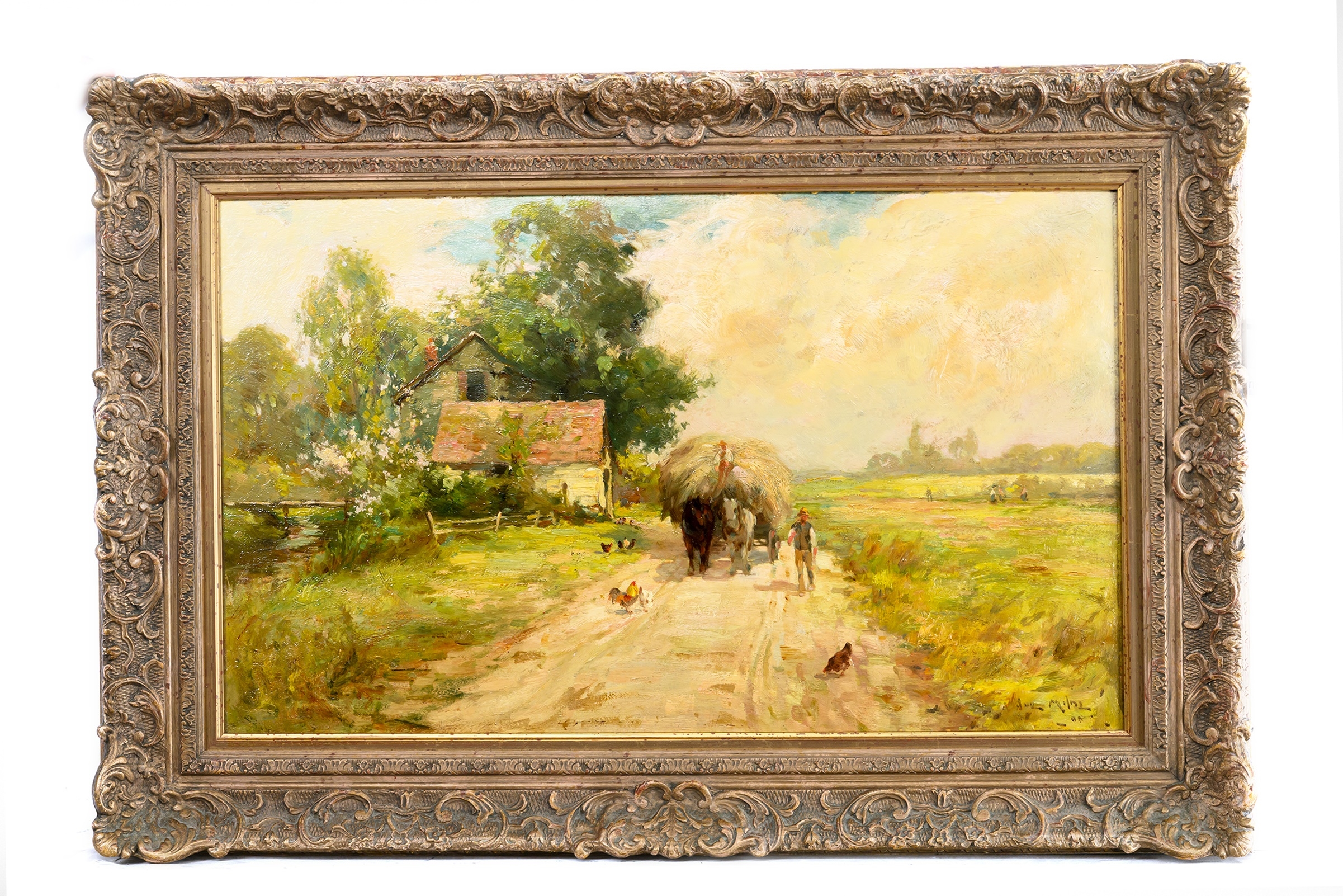 Artwork by Joe Milne, HAY CART AND CHICKENS, Made of oil on board