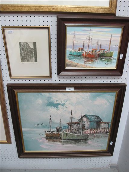 【中古】M▽W.JONES 油絵 漁港 船 海 港 (37866) Artist W . Jones Harbor Scene Fishing Boats Oil Painting 24” X 36