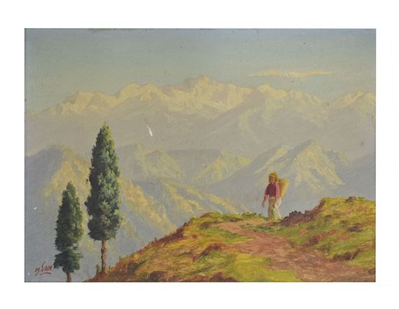 Mountainous landscape with figure by M. Sain