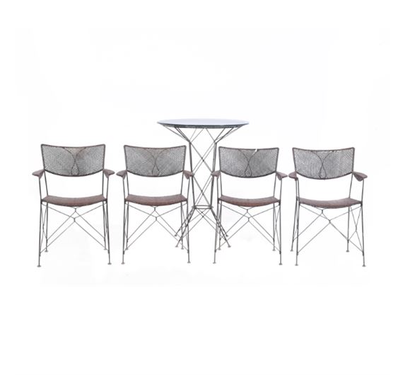 RATTAN & WIRED FOUR CHAIRS AND HIGH TABLE by Yuzuru Yamakawa, CIRCA 1980 - 1990