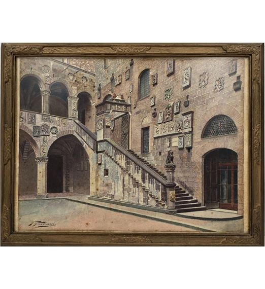 Fine Italian Watercolor Painting Bargello Castle Florence Italy Giovanni Giuliani 1893-1965 - Giovanni Giuliani