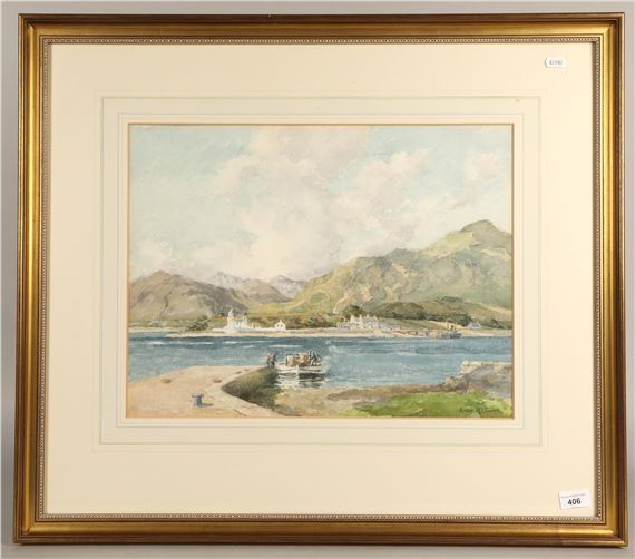 A framed watercolor landscape of a coastal town nestled between hills and a calm bay.