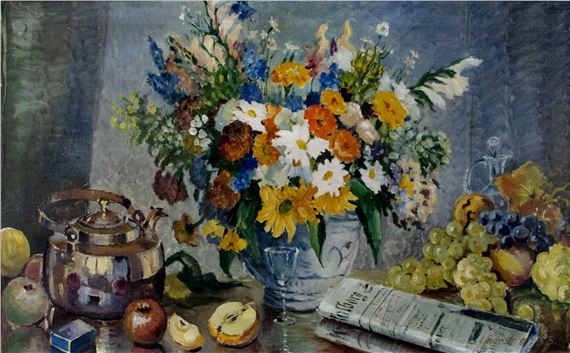 Still Life with Flowers, Kettle and Fruit by Einar Gross, 1933