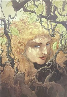 A portrait of a figure with golden hair and a face partially obscured by intertwining branches.