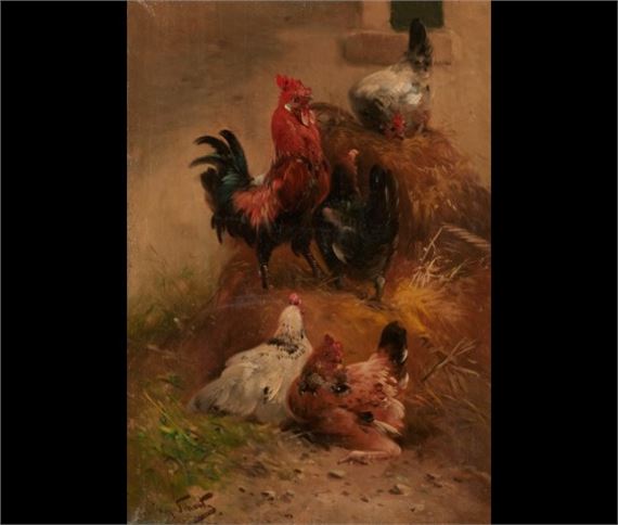 Coq et poules devant la ferme by Henry Schouten