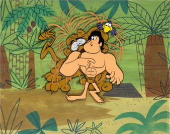 George of the Jungle George with Lion and Tooky Tooky Bird Production Cels on Custom Painted Background (Jay Ward - Eve Kaplan