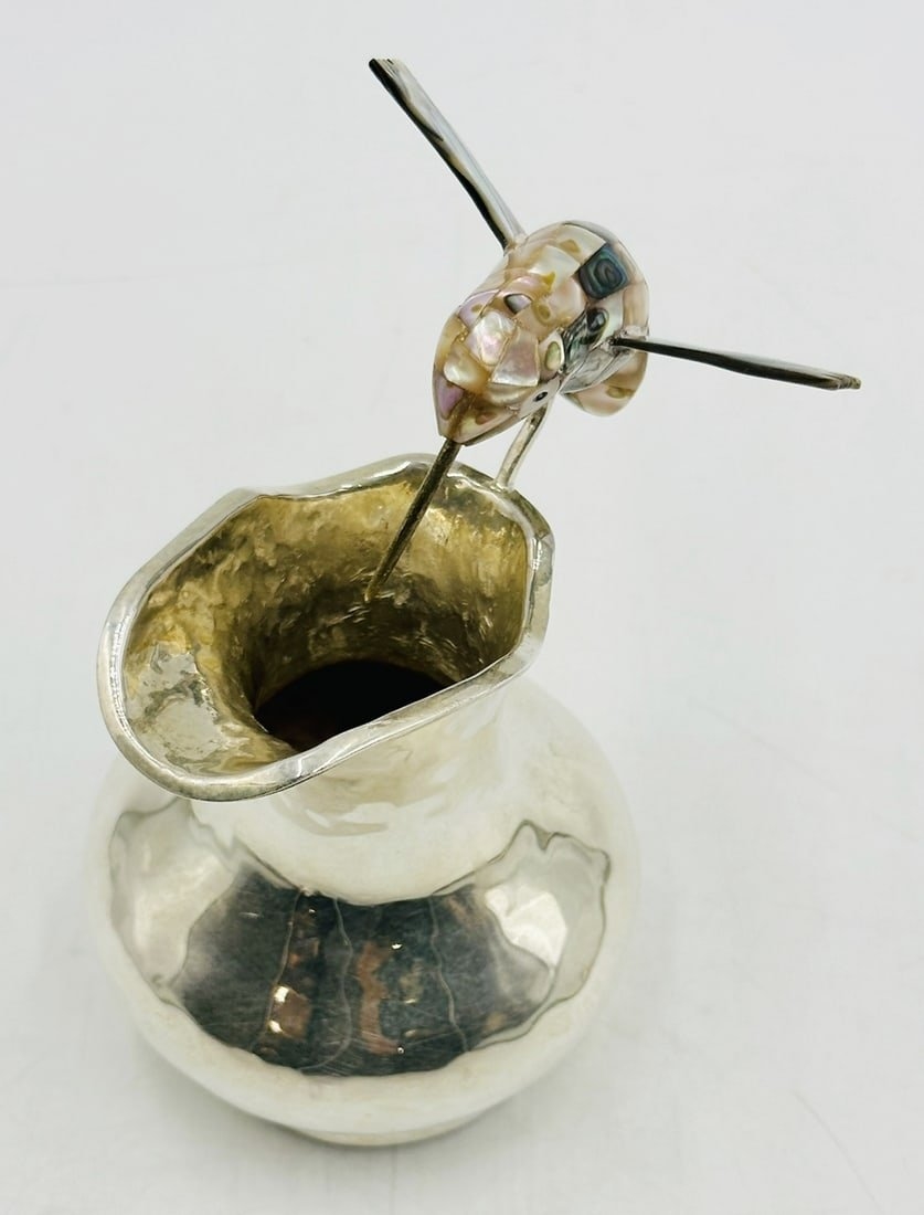 Artwork by Los Castillo, Los Castillo Hummingbird Pitcher With Abalone Shell Body, Mexico 20th Century, Made of Vintage Silver and