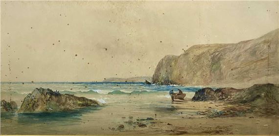 ALBERT PROCTOR (British 1864 - 1909) watercolour - figures and boats ashore by rocky coast by Albert Procter