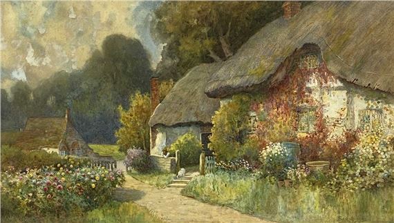 GEORGE HUGHES (British 1894 - 1909) watercolour - thatched cottage with figure leaning against wall with cat beside by George H. Hughes