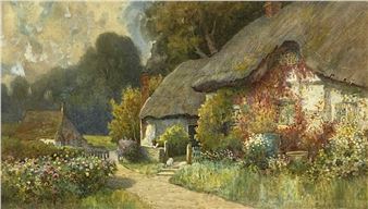 GEORGE HUGHES (British 1894 - 1909) watercolour - thatched cottage with figure leaning against wall with cat beside - George H. Hughes