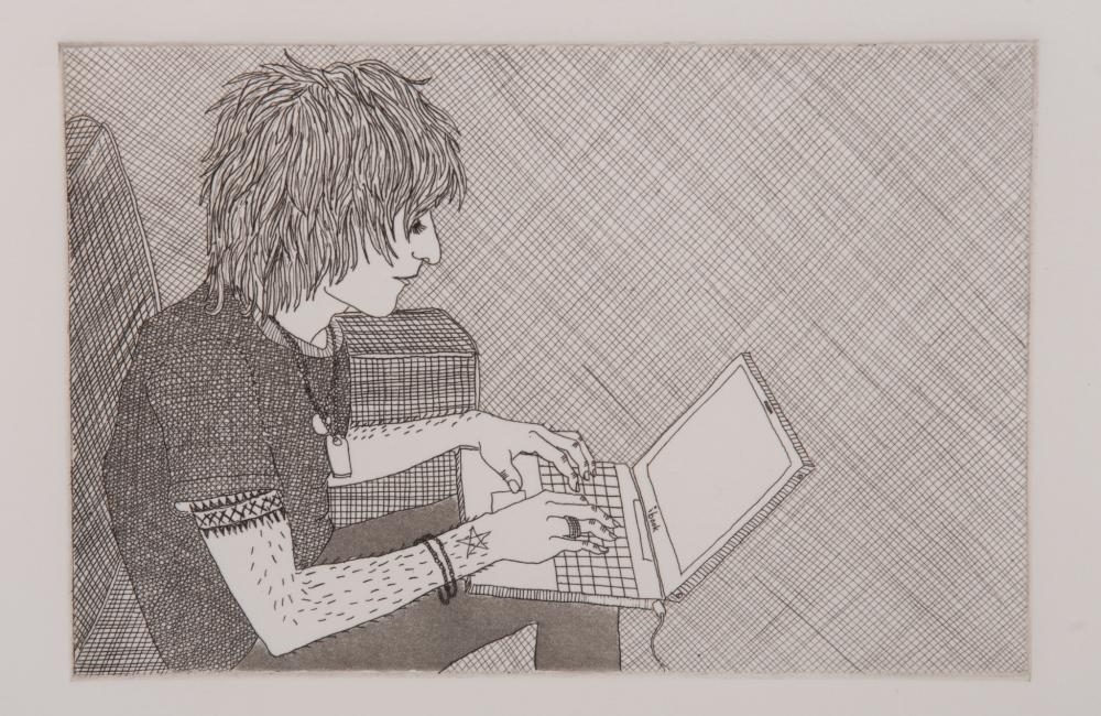 Artwork by Jennifer Bornstein, Guy from Mall with his iBook (study for 16mm Film) 2006, Made of copperplate etching