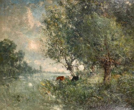 Cattle feeding in a river landscape by George A. Boyle
