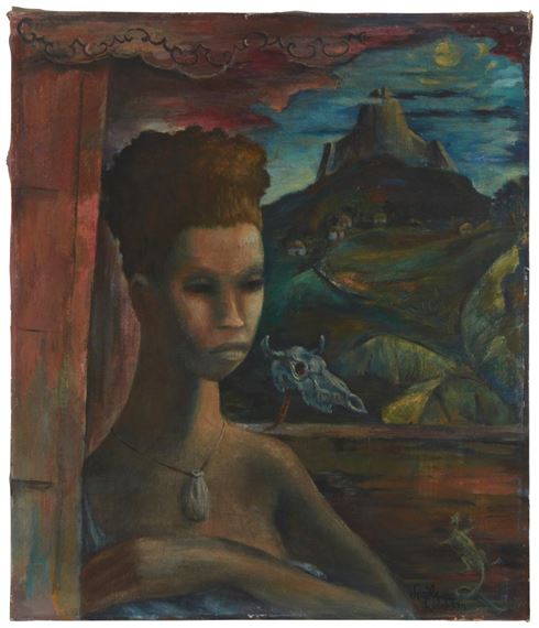 Woman with steer skull and lizard by Lucile Leighton