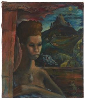 Woman with steer skull and lizard - Lucile Leighton