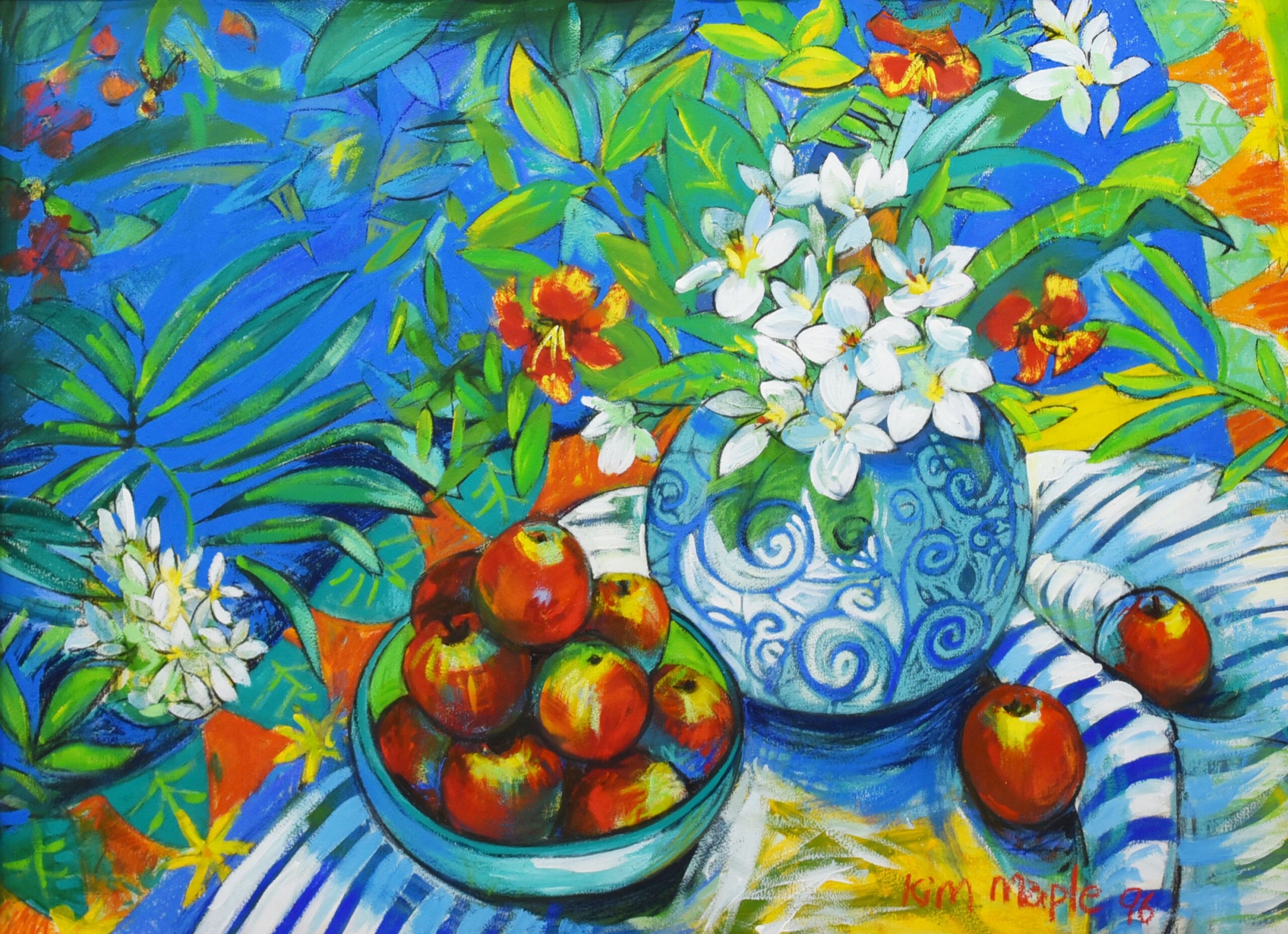 Artwork by Kim Maple, Tropical – Frangipani and Apples, Made of Mixed media on paper