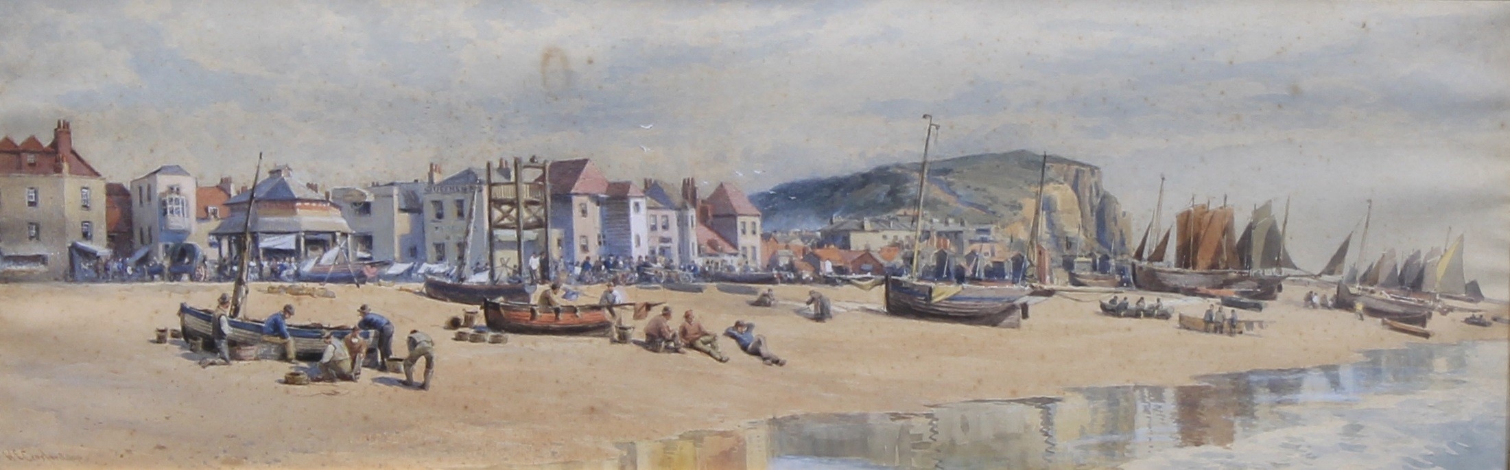 A panoramic watercolor scene of a bustling beach town with boats, figures, and buildings under a cloudy sky.