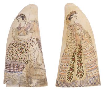 PAIR OF MANUEL ENOS  SCRIMSHAW WHALE'S TEETH - Manuel Enos