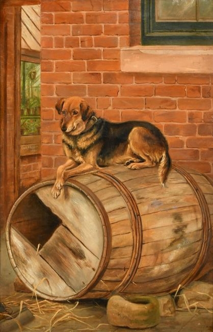 Artwork by Charles Edwin M. Baldock, Dog resting on a barrel, Made of oil on board