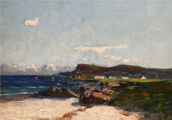 A boat moored in a bay with white cottages beyond by John Reid Murray, Scottish School