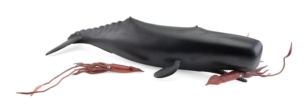 Artwork by Irving Briggs, IRVING BRIGGS CARVING OF A SPERM WHALE WITH TWO  SQUID, Made of RUBBER