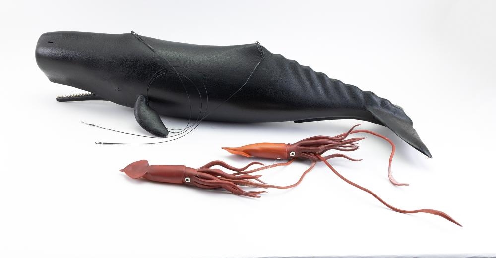 Artwork by Irving Briggs, IRVING BRIGGS CARVING OF A SPERM WHALE WITH TWO  SQUID, Made of RUBBER