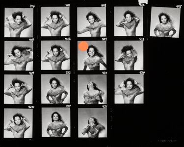 A black-and-white contact sheet of a woman posing in various dynamic poses.