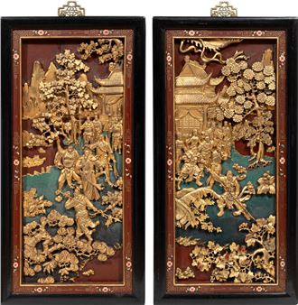 Chinese Painted and Carved Giltwood Panels - Chinese School